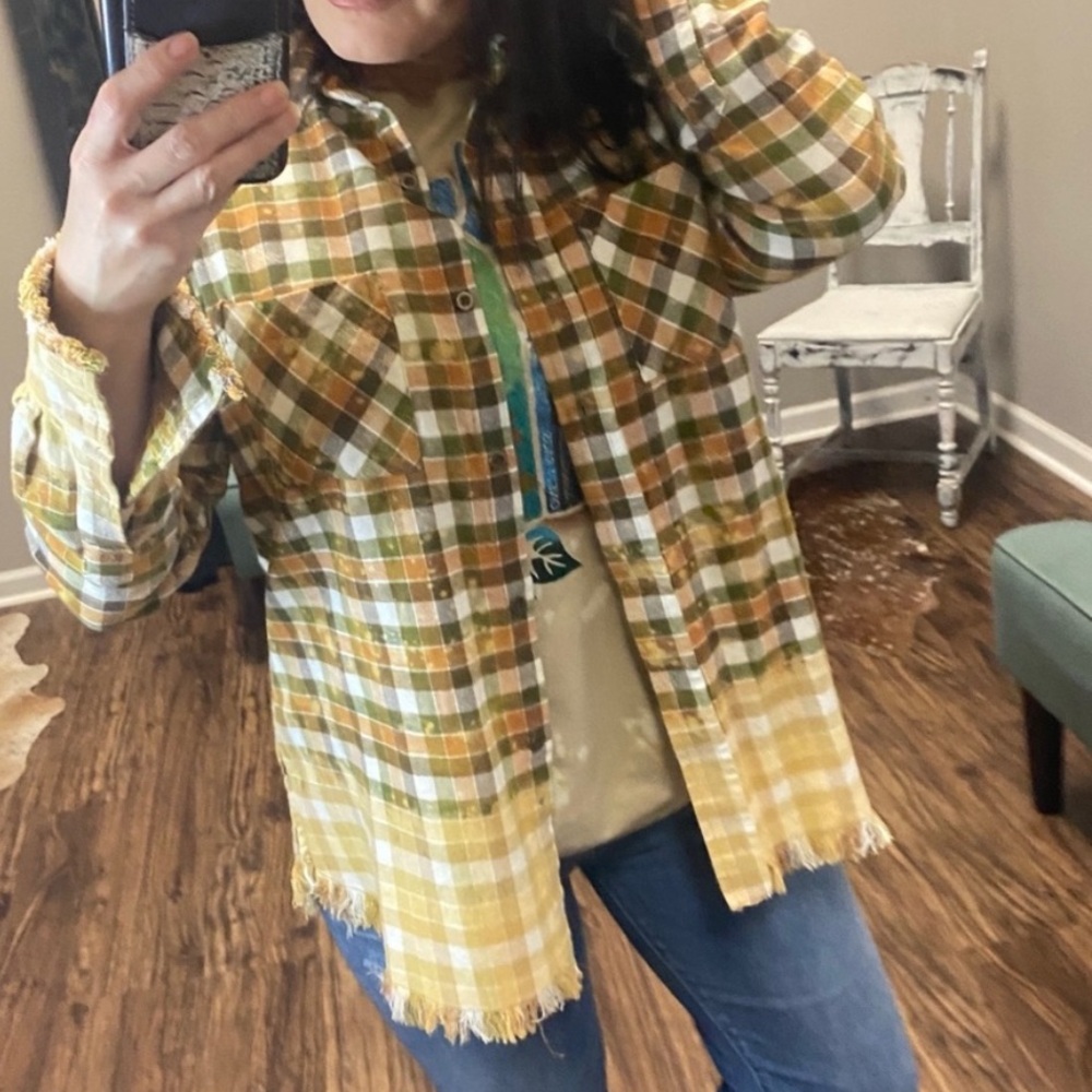 ONE24 Rags Plaid Button-Up Shirt with Frayed Hem